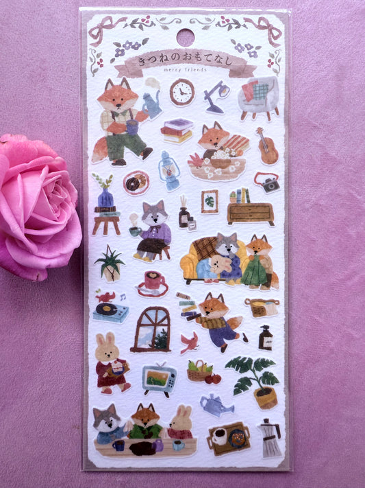 Sheet of decorative stickers with animal characters on a purple background