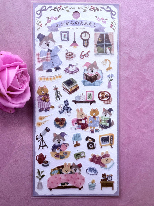 Sheet of decorative stickers with cartoon characters on a pink background