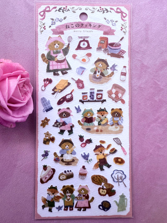 Sheet of decorative stickers with cartoon characters on a pink background