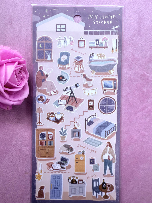 Sticker sheet with home-themed illustrations on a purple background