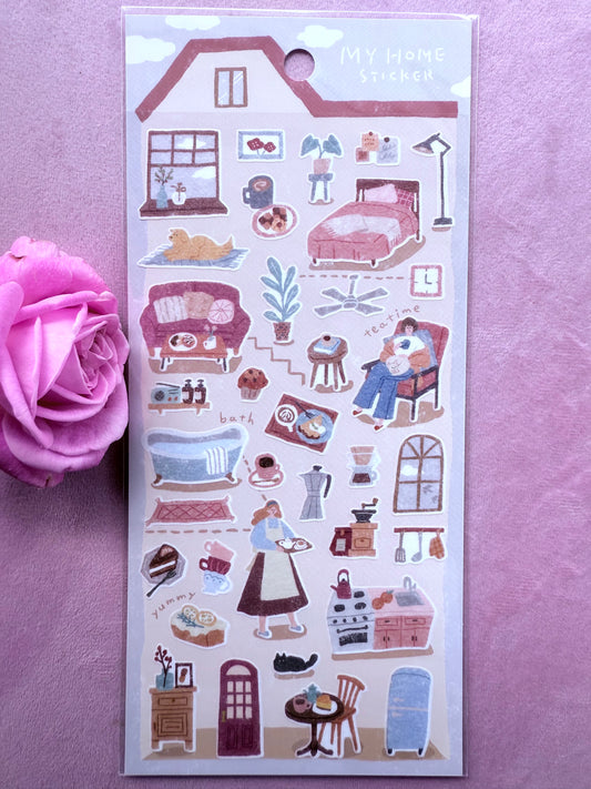 Sticker sheet with house and home-themed illustrations on a pink background