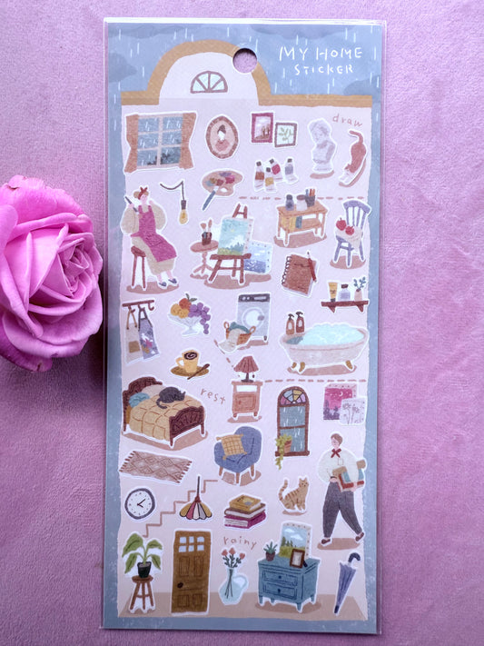 Sticker sheet with home-themed illustrations on a purple background with a pink rose.
