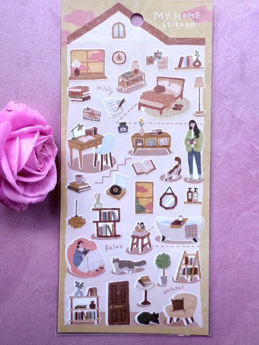 Sticker sheet with home decor illustrations on a purple background with a pink rose.