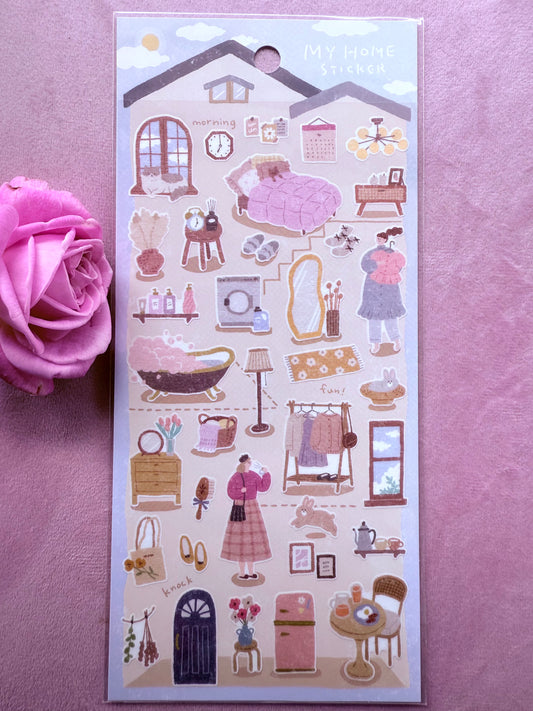 Sheet of illustrated stickers with house and room designs on a purple background with a pink rose.