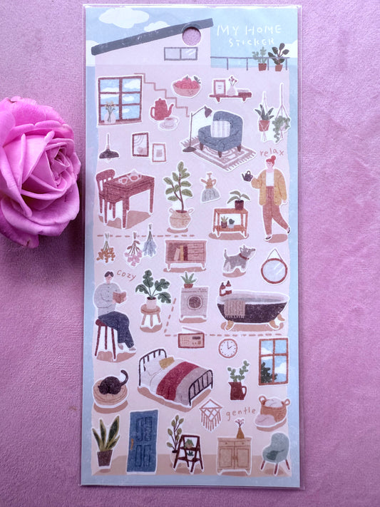 Sheet of illustrated stickers with various home-related items on a purple background