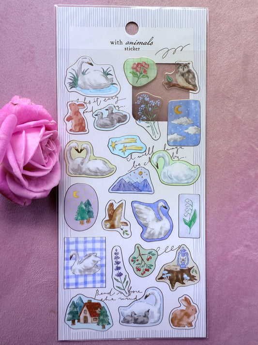 Pack of stickers with various designs on a pink background