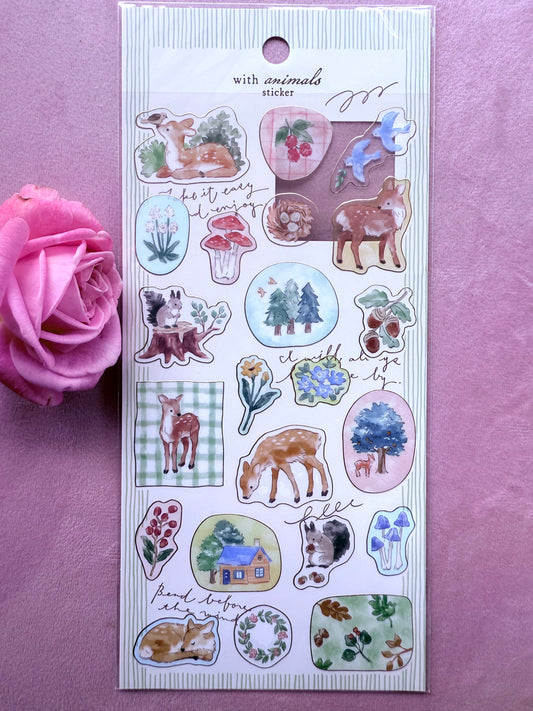 Sticker sheet with animal-themed designs on a pink background