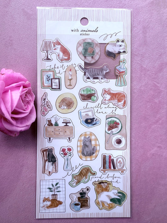 Sheet of animal-themed stickers with a pink rose on a purple background