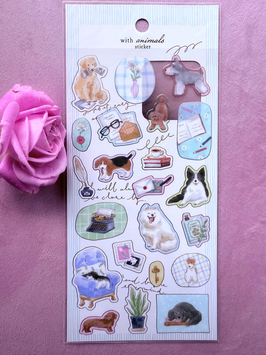 Sheet of animal-themed stickers with a pink rose on a purple background