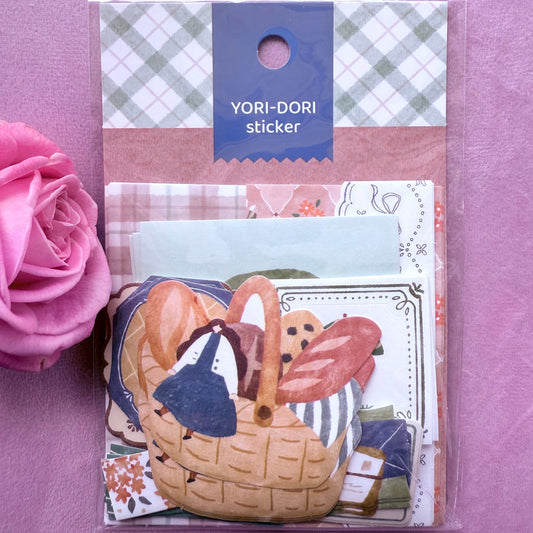 Pack of YORI-DORI stickers with a picnic-themed design on a purple background
