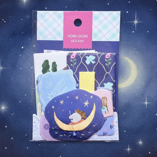 Pack of stickers with a cartoon design on a night starry background