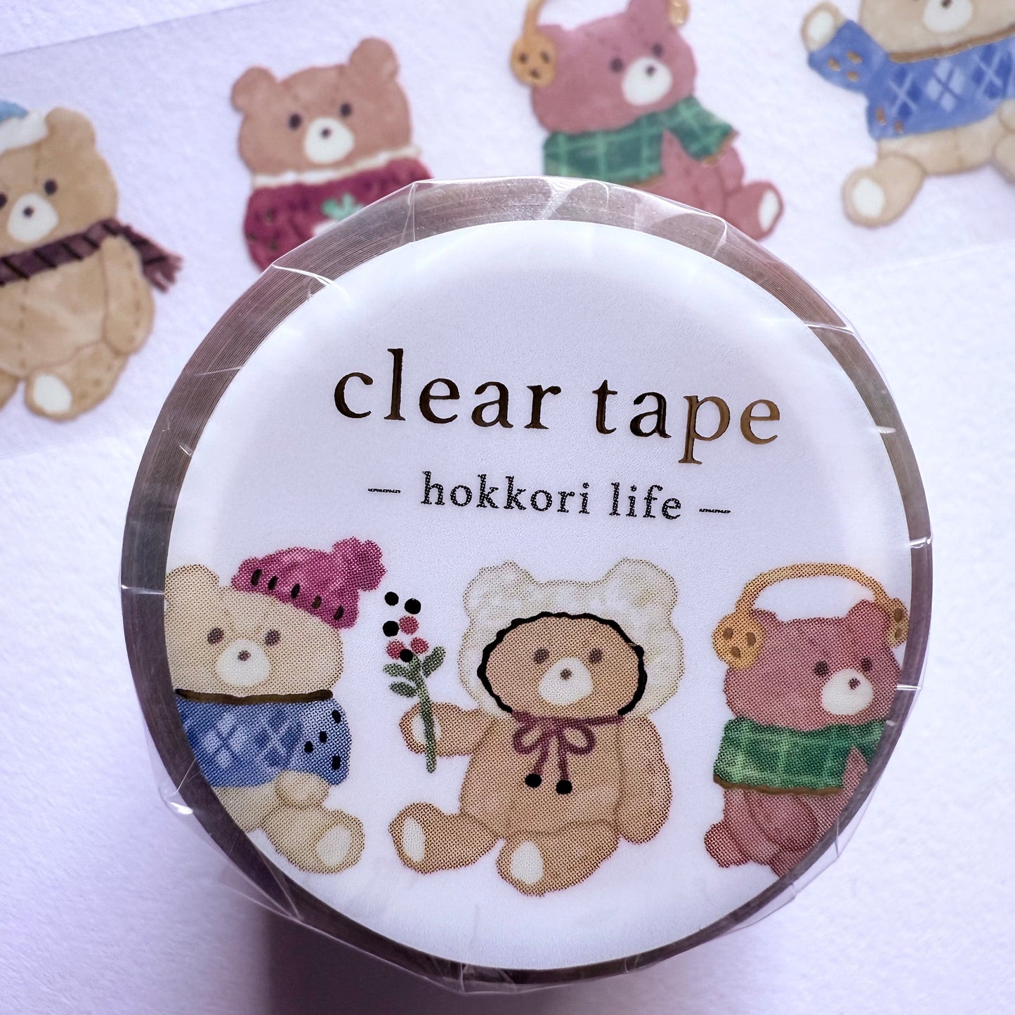 Clear tape with teddy bear design on a white background