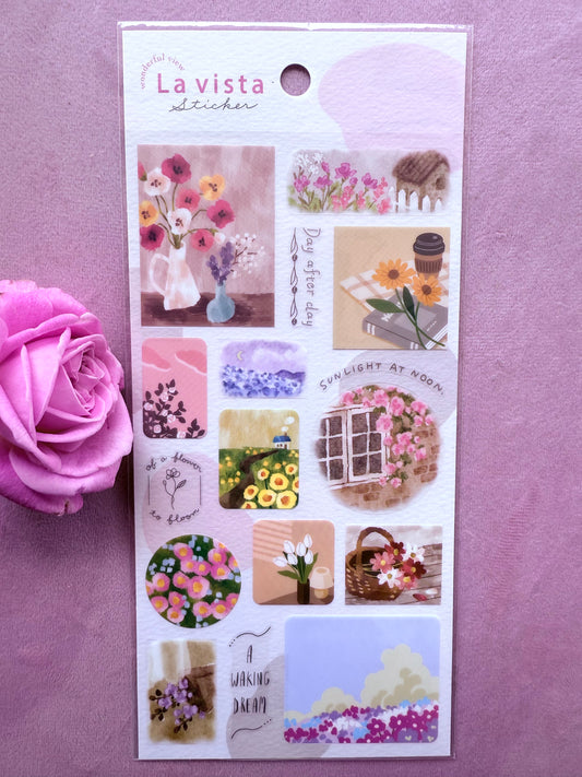 Pack of La Vista stickers with floral and nature-themed designs on a purple background.