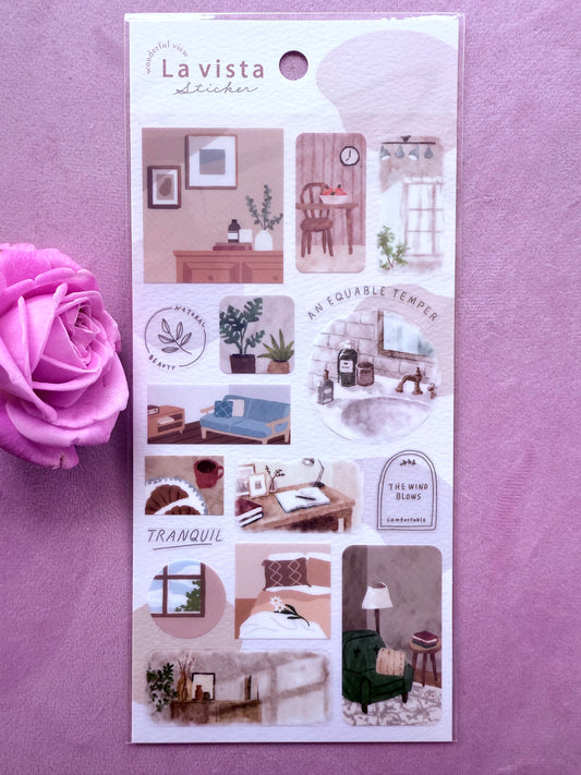 Sheet of decorative stickers with room illustrations and text on a purple background with a pink rose.