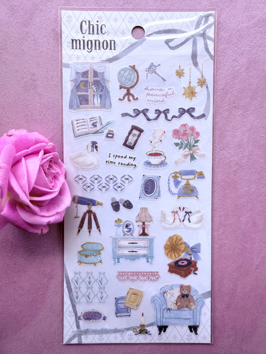 Sticker sheet with various illustrations on a pink background