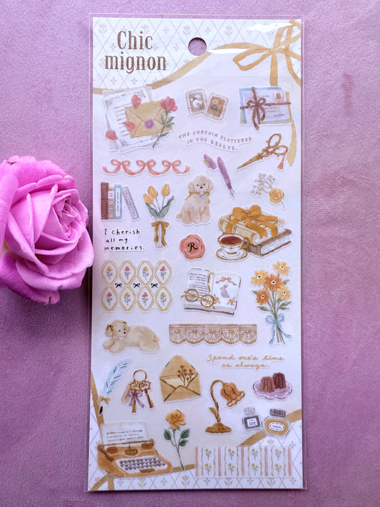 Sheet of decorative stickers with illustrations on a purple background