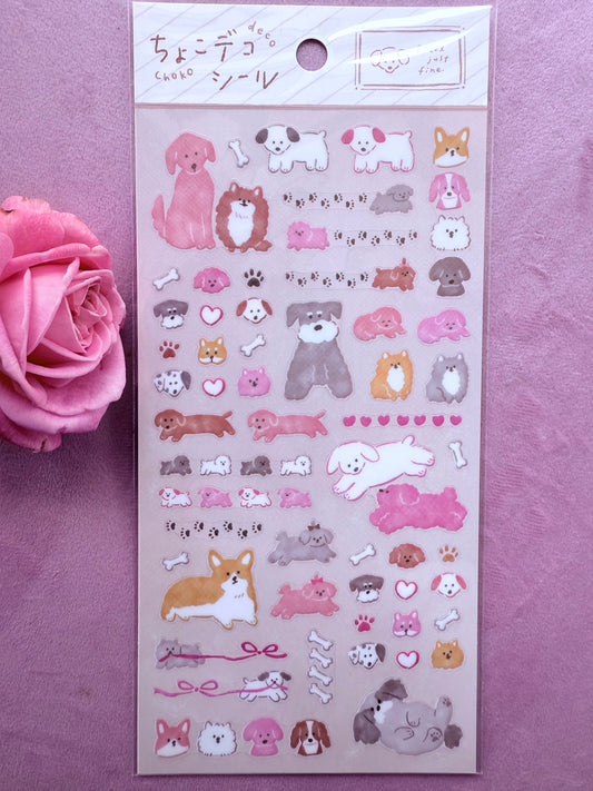 Sheet of dog-themed stickers with a pink rose on a purple background