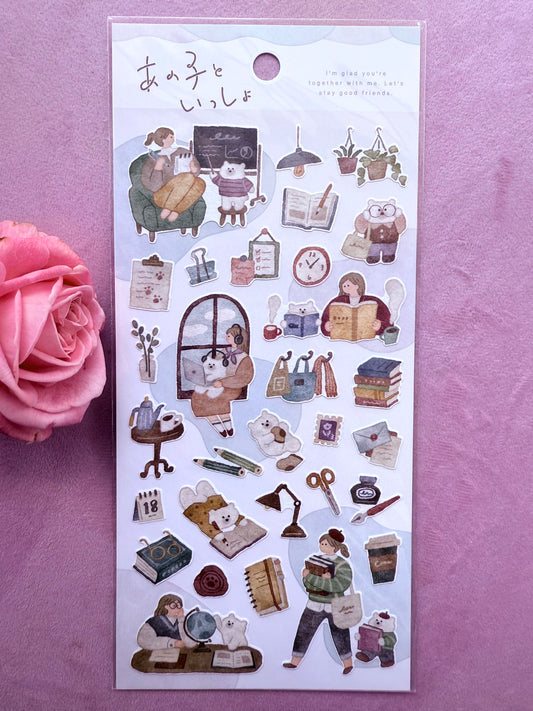 Sheet of decorative stickers with illustrations on a purple background with a pink rose.