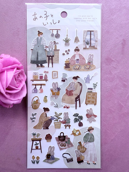 Sheet of illustrated stickers with people and animals on a purple background