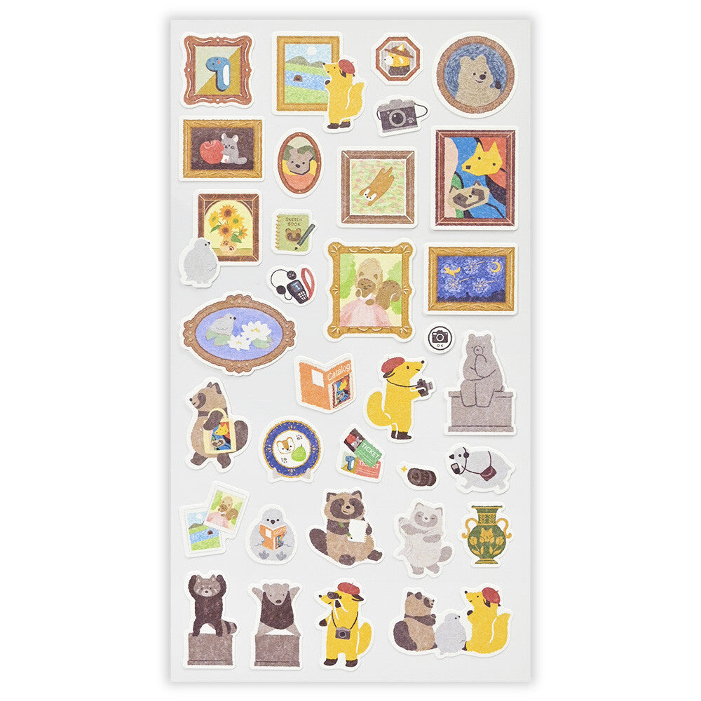 Sheet of decorative stickers featuring various animal characters and objects on a white background.