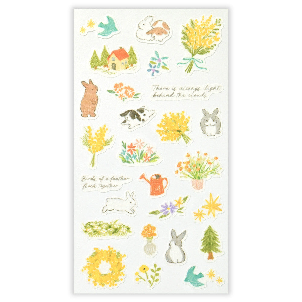 Sheet of nature-themed stickers with animals, plants, and motivational phrases on a white background.
