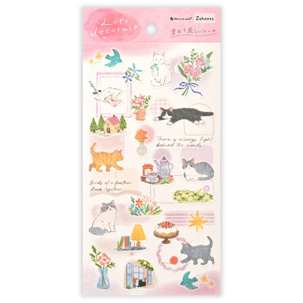 Pack of decorative stickers with cute illustrations on a pink background