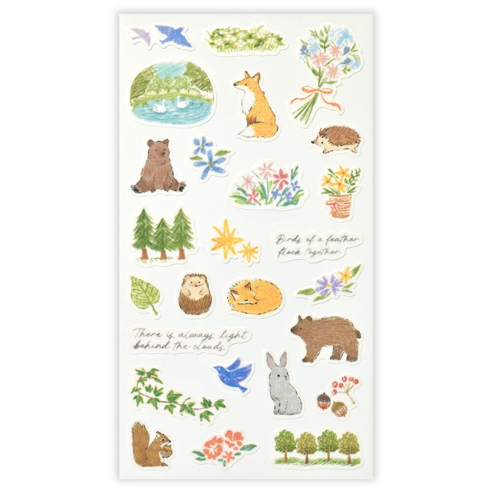 Collection of nature-themed stickers featuring animals, plants, and landscapes on a white background.