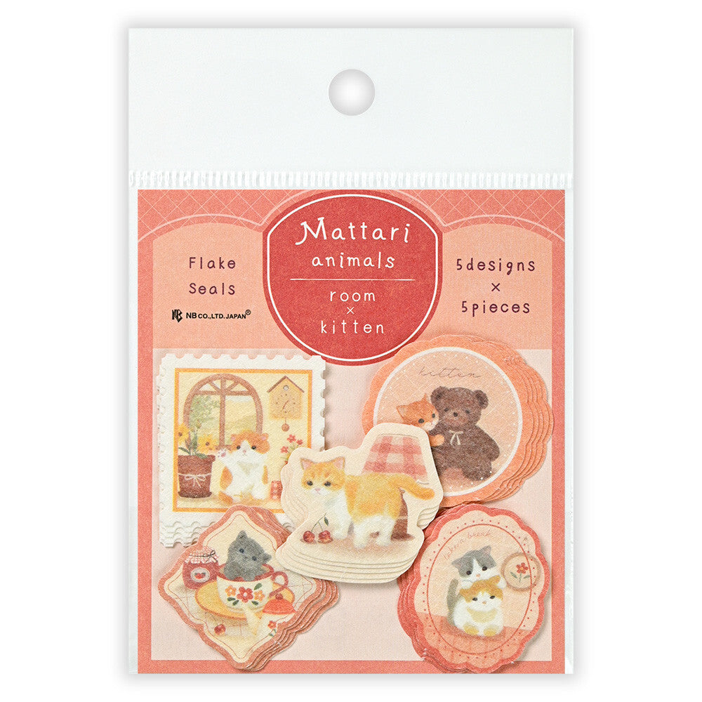 Packaging of Mattari animals room kitten Flake Seals with cute animal illustrations on a white background.