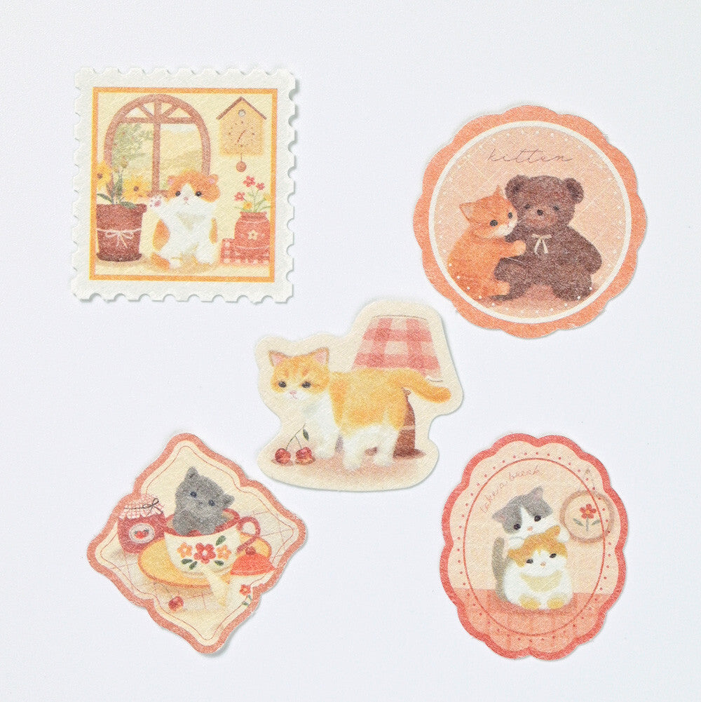 Set of five decorative stickers featuring cute animal illustrations on a light gray background.