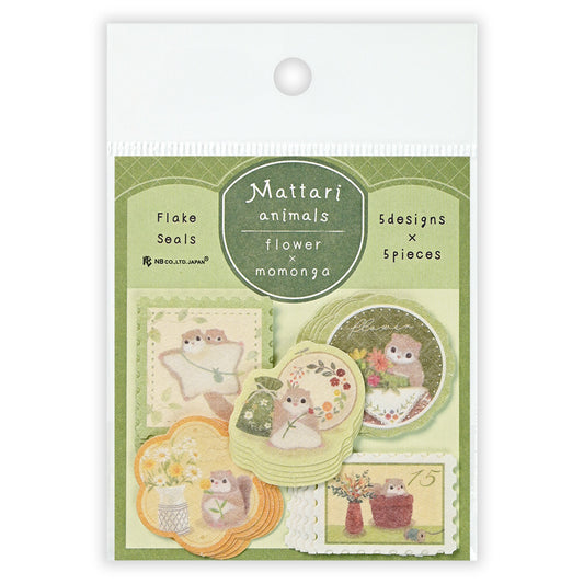 Packaging of Mattari animals flower momonga Flake Seals with green and white design.