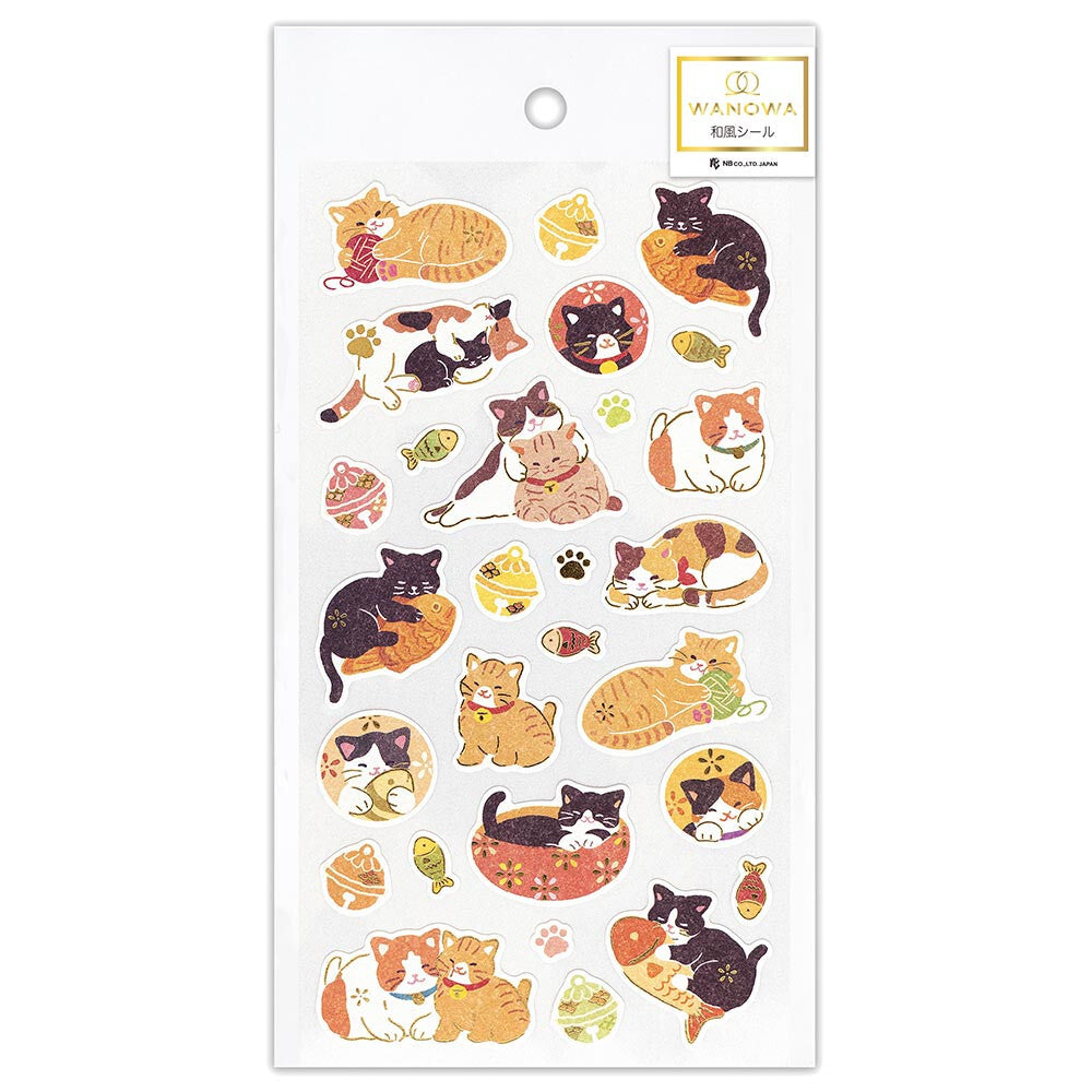 Sheet of cat-themed stickers with various designs on a white background