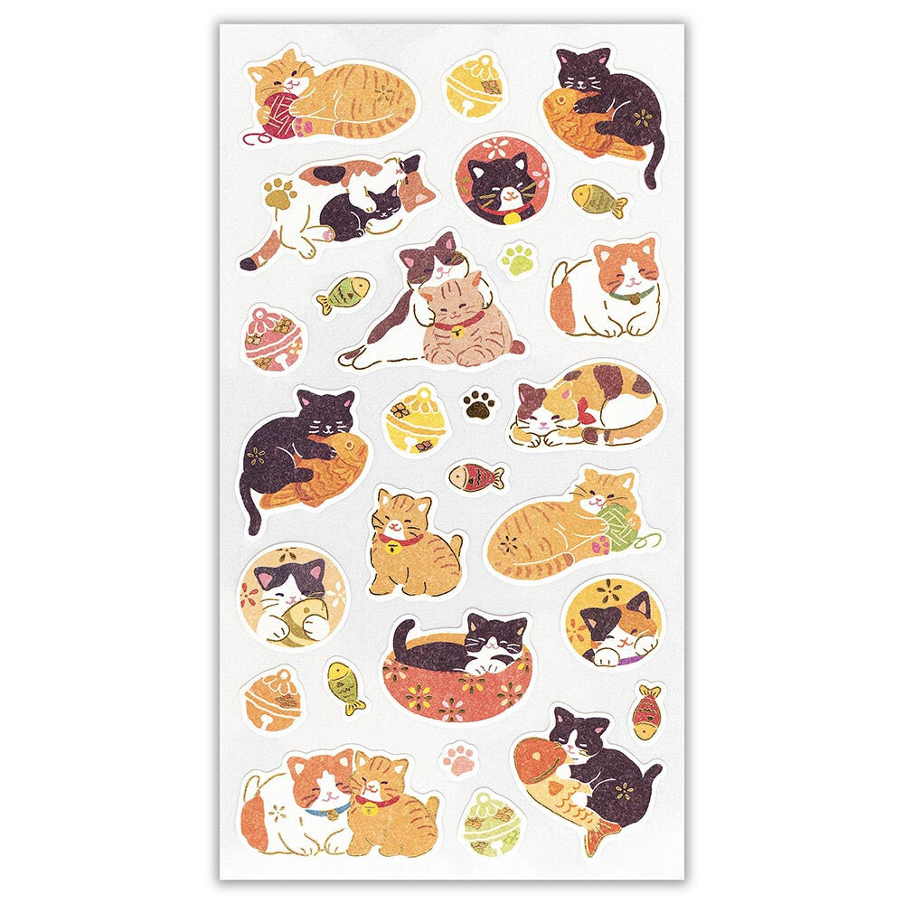 Sheet of cat-themed stickers on a white background
