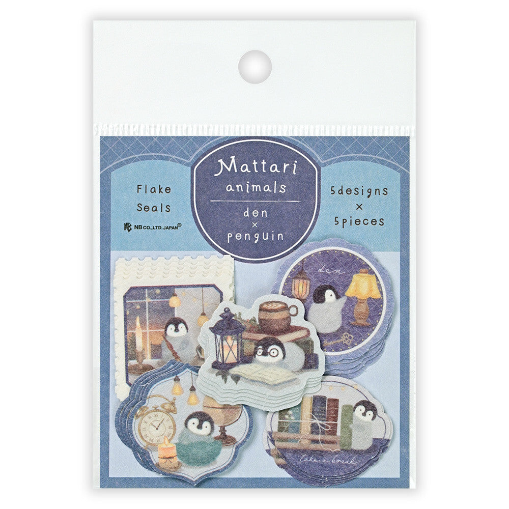 Packaging of Mattari animals sticker set with penguins on a blue background
