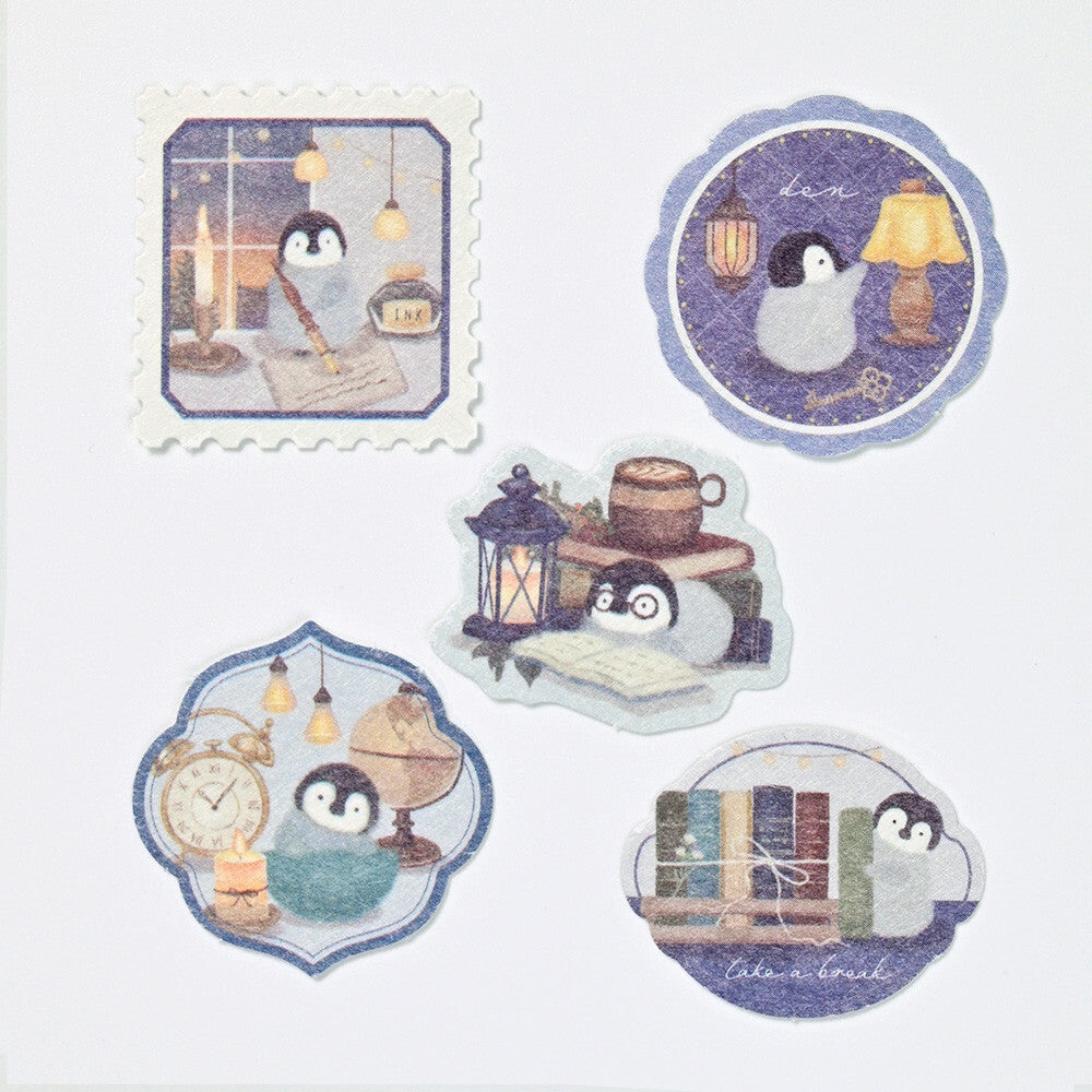 Set of decorative stickers with penguins and cozy scenes on a white background