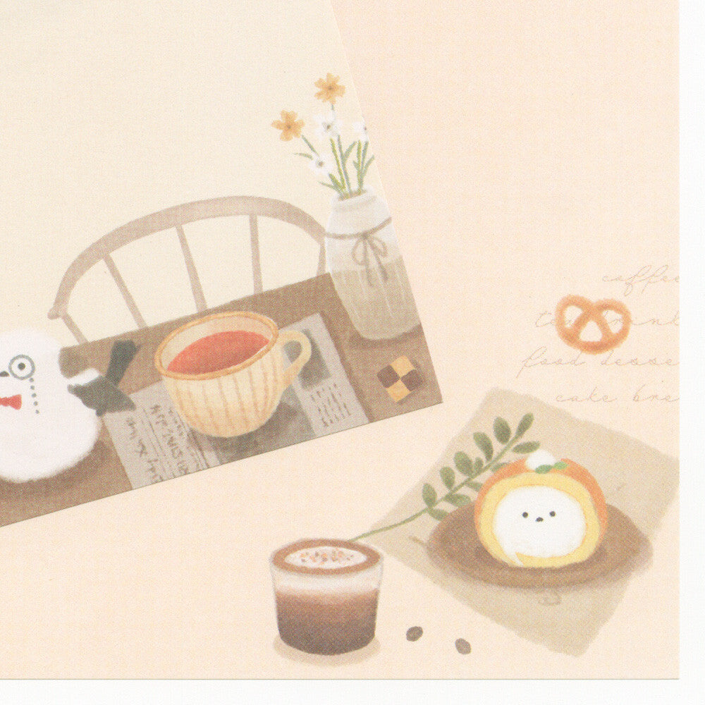 Illustration of a cozy scene with a table, cup of coffee, cake, and flowers on a beige background.