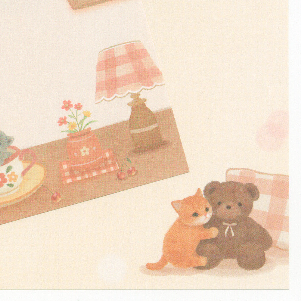 Illustration of a cat and a teddy bear sitting together with a tea set and lamp in the background.