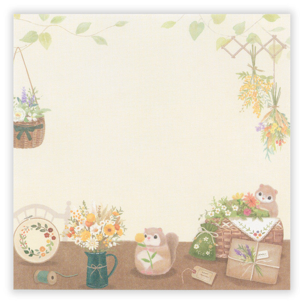 Illustration of a cute animal character with flowers and a basket on a light background
