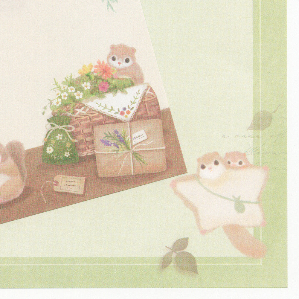 Illustration of small animals with a basket of flowers and packages on a light green background