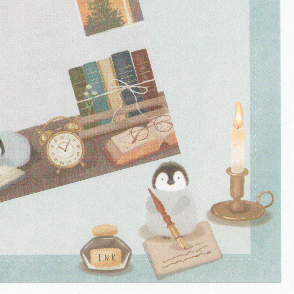 Decorative scene with a penguin, inkwell, pen, and candle on a light blue background
