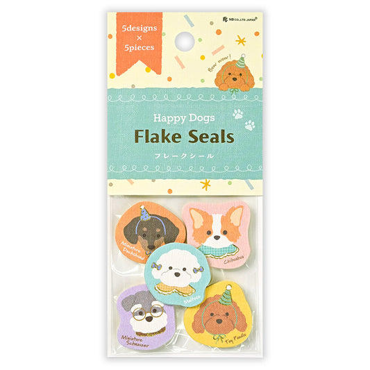 Pack of Happy Dogs Flake Seals with cute dog illustrations on a white background