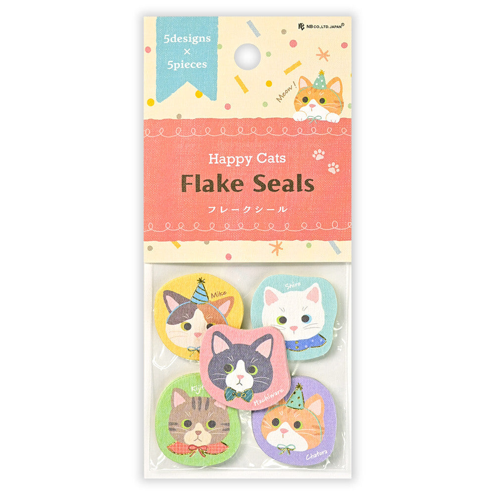 Pack of Happy Cats Flake Seals with colorful cat designs on a white background