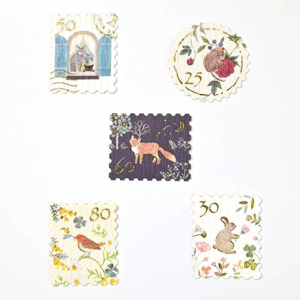 Set of decorative stamps with animal and nature designs on a white background