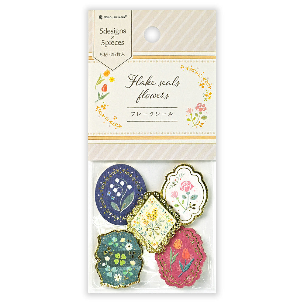 Pack of decorative flake seals with floral designs on a white background