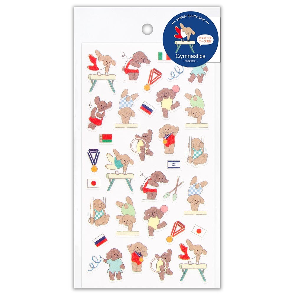 Sheet of gymnastics-themed stickers with cartoon bears on a white background