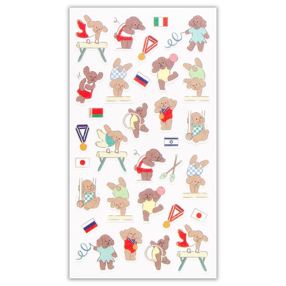 Sheet of stickers with teddy bears in various sports poses on a white background