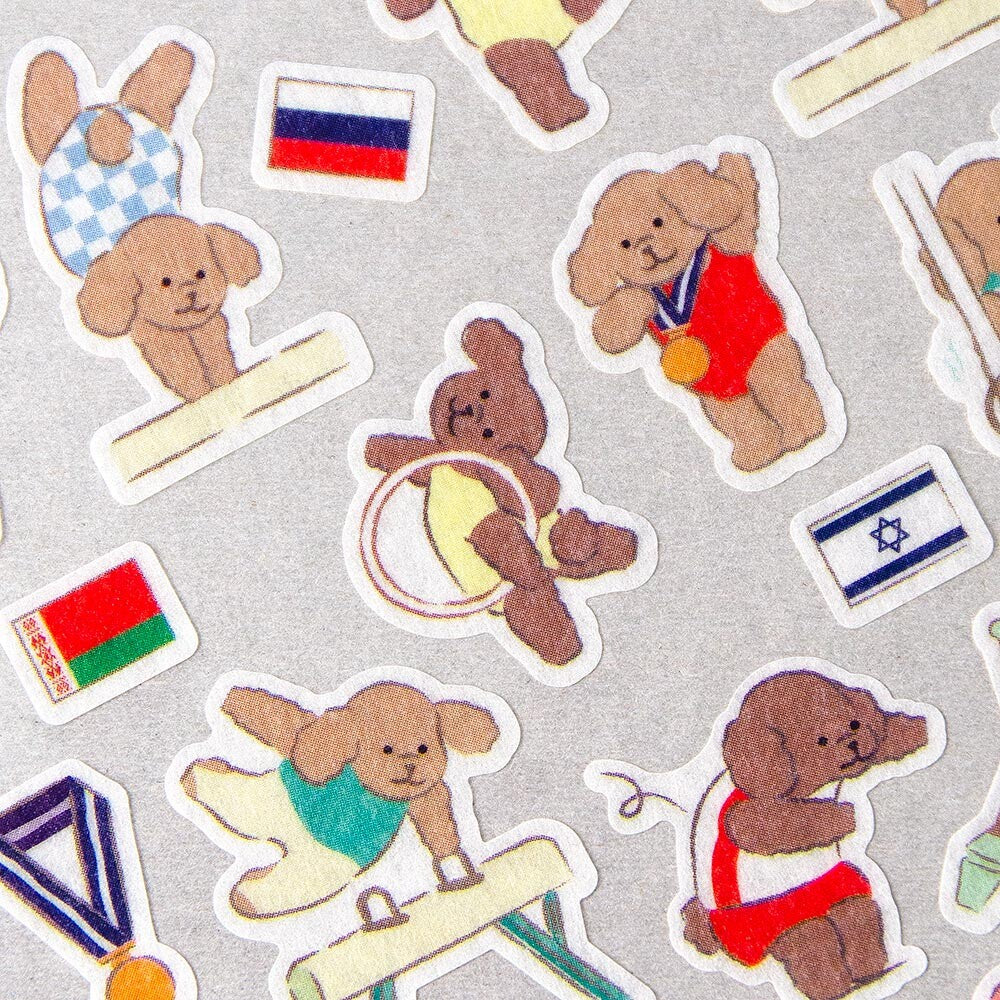 Stickers of teddy bears in various sports poses on a gray background