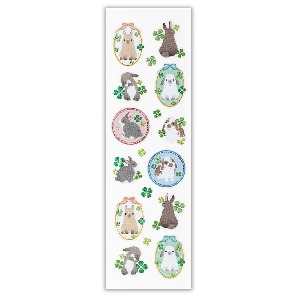 Sheet of rabbit-themed stickers with various designs on a white background