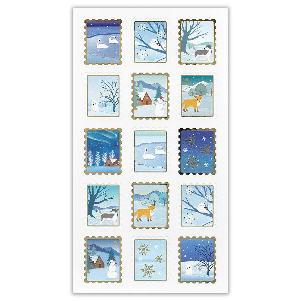 Set of winter-themed postage stamps on a white background