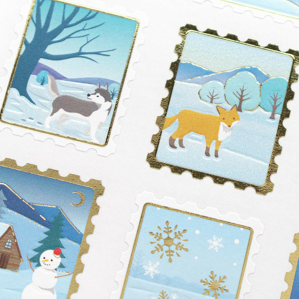 Set of illustrated cards with winter scenes featuring animals and snowflakes.