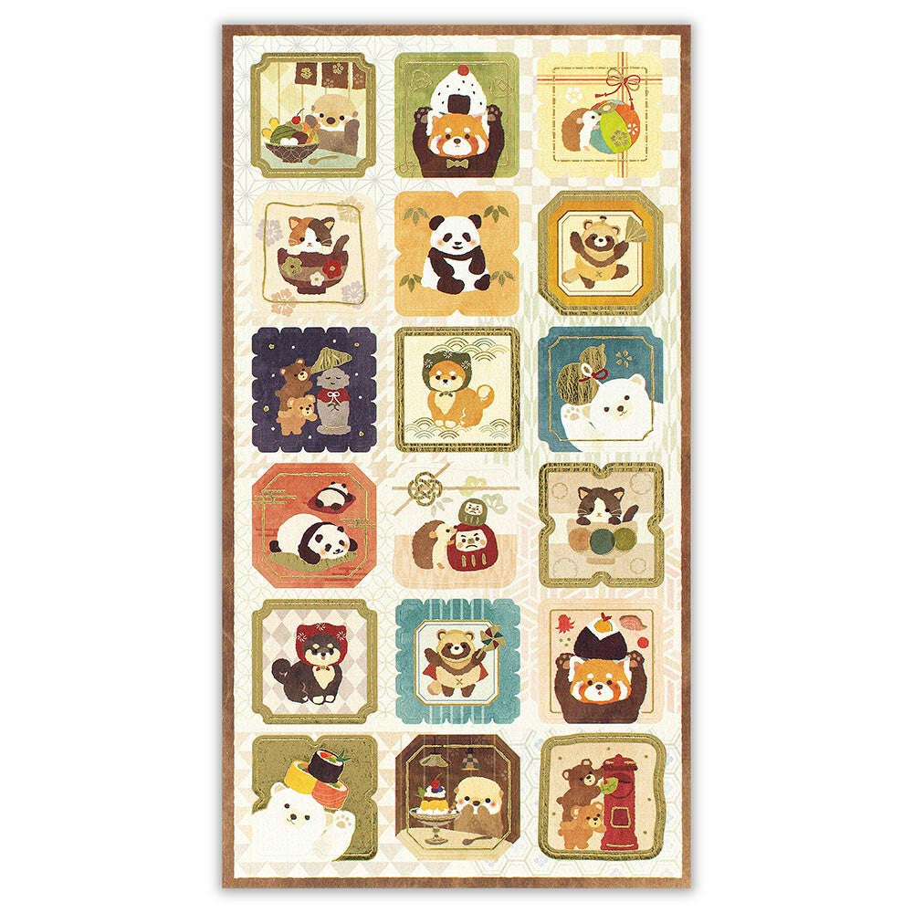 Decorative panel with cartoon animal characters in various poses on a white background